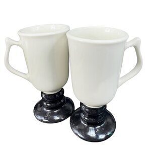 Vintage Hall China 1273 Pedestal Mugs White Black Set Of 2 MCM USA Pottery Mugs